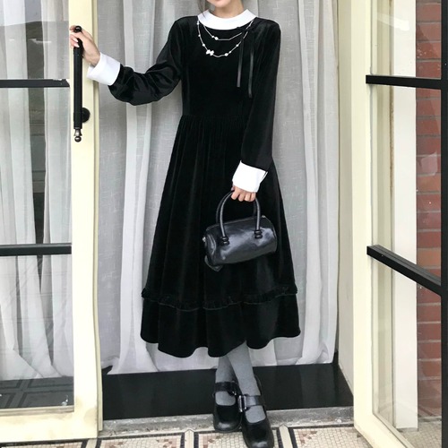 刺繍バイカラーベロアワンピ ・79331