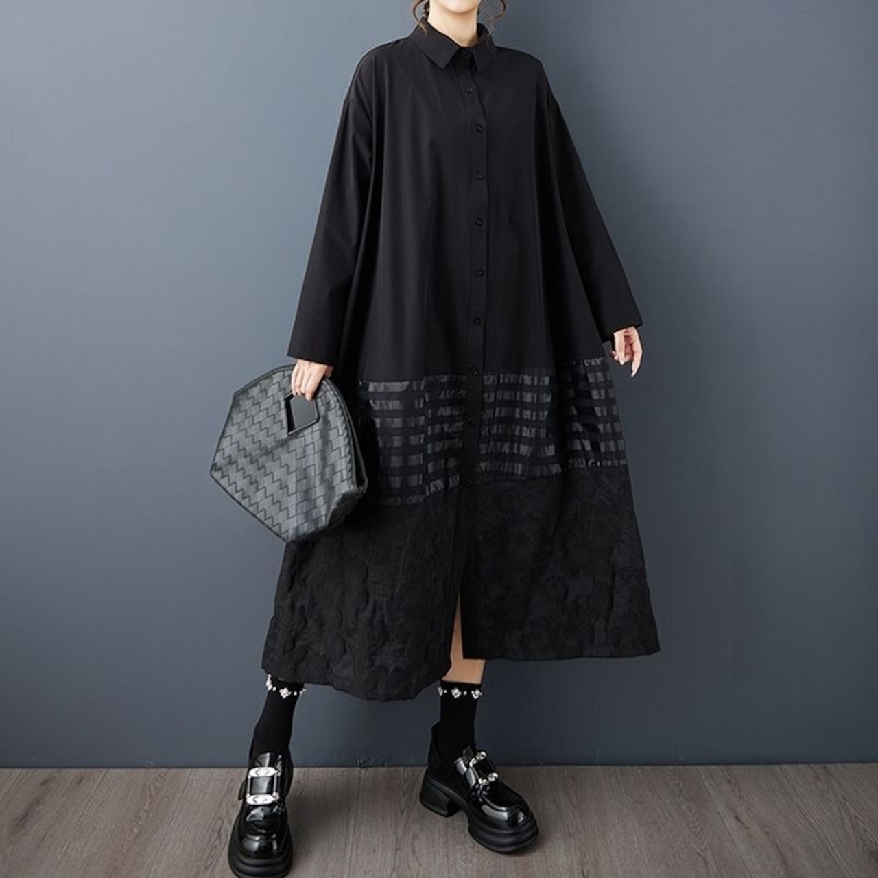 異素材 切替 シャツワンピース 00210