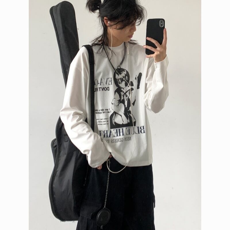 jiwuusアニメキャラクタープリント丸首長袖Tシャツ