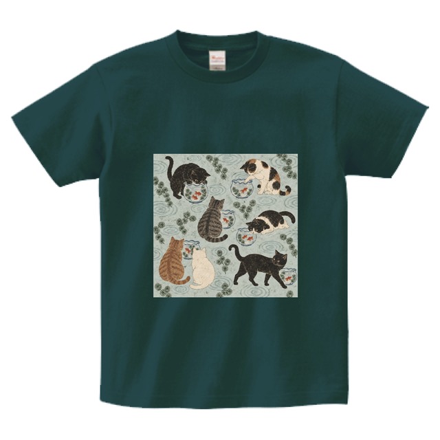猫づくし「猫と金魚鉢」｜和モダン猫柄 ヘビーウェイトTシャツ・ティールグリーン