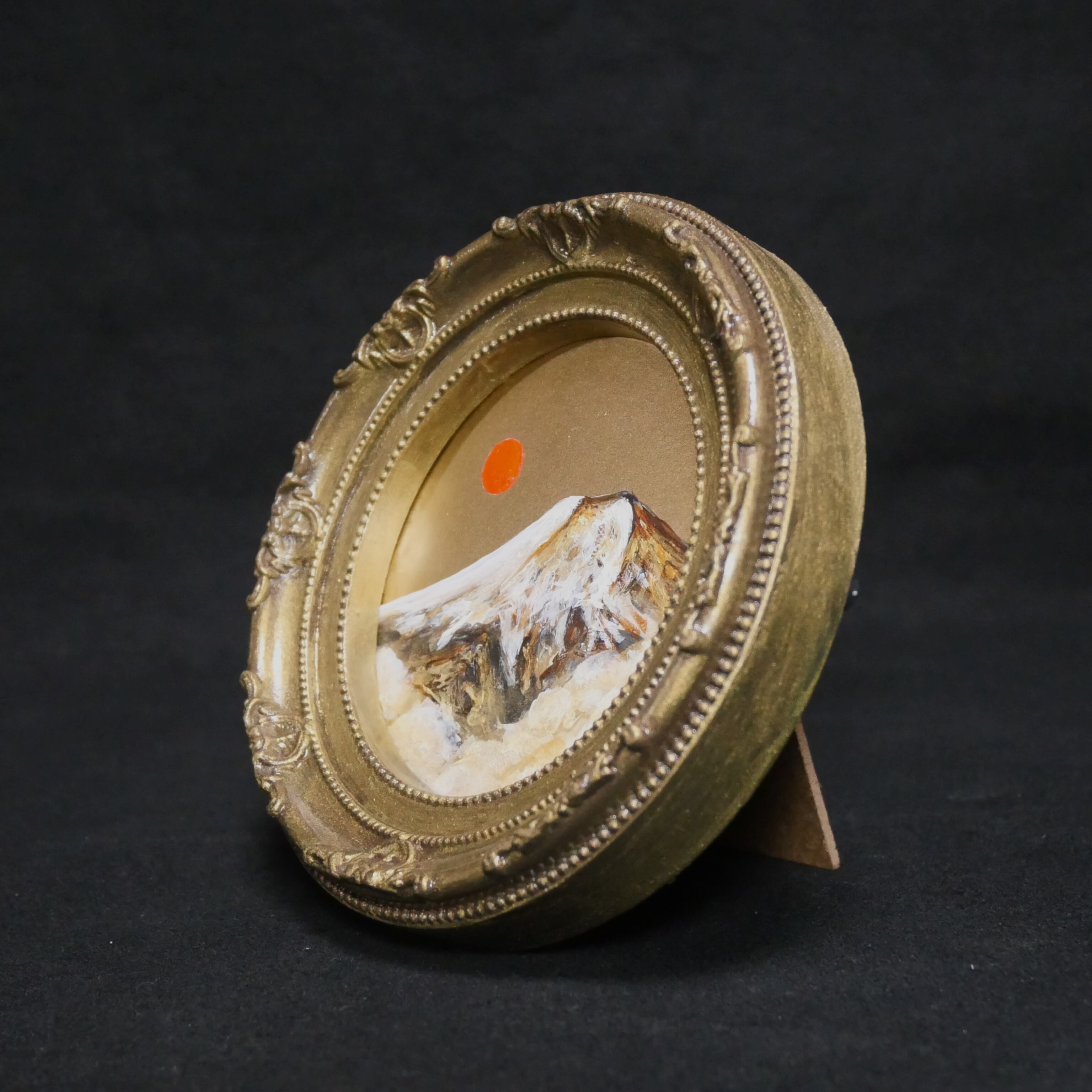 【開運】油絵 油彩画 ミニ絵画『旭日黄金富士』金運アップ 縁起物」 油絵 油彩 円形ミニ絵画「黄金富士山」絵画 油彩画 インテリア 風景画