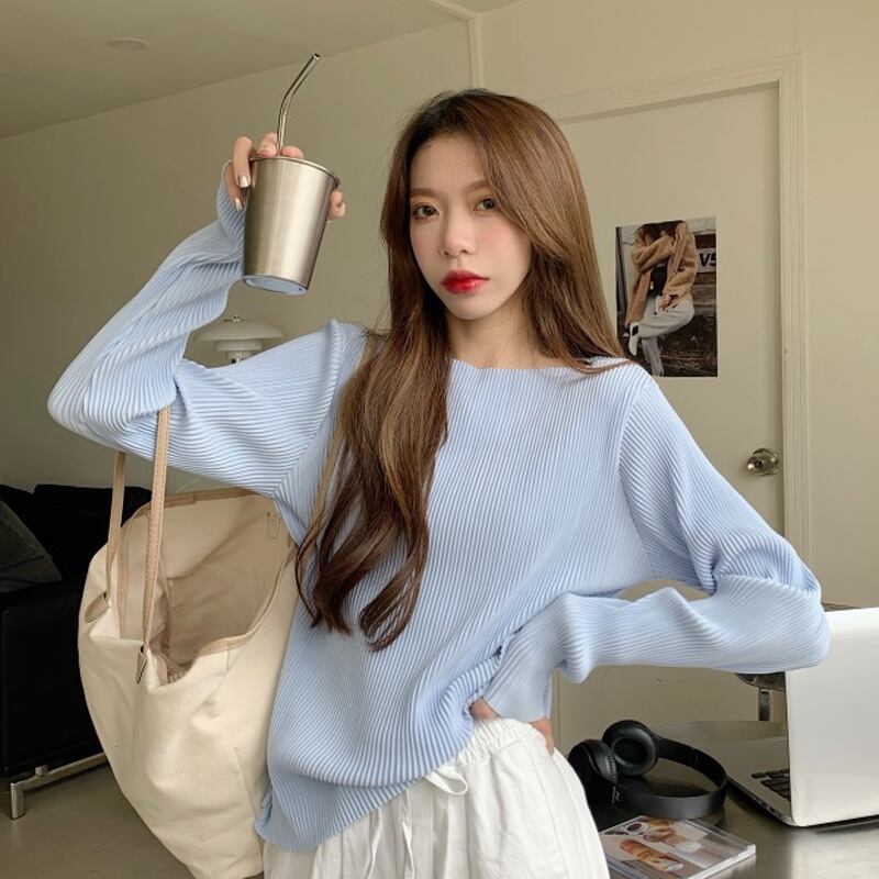 プリーツシャツ スプリングスリムラウンドネックTシャツ レディース ロング 春物 Oネック スーパーモール37400573894