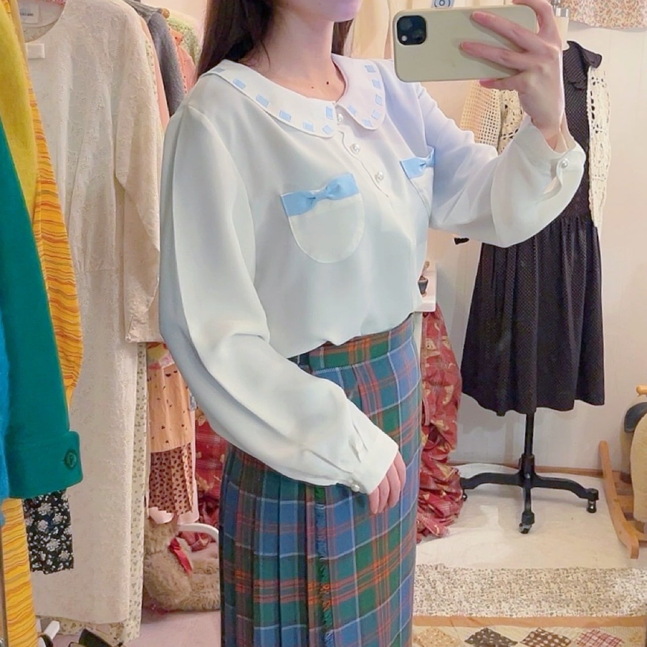 light blue ribbon white blouse