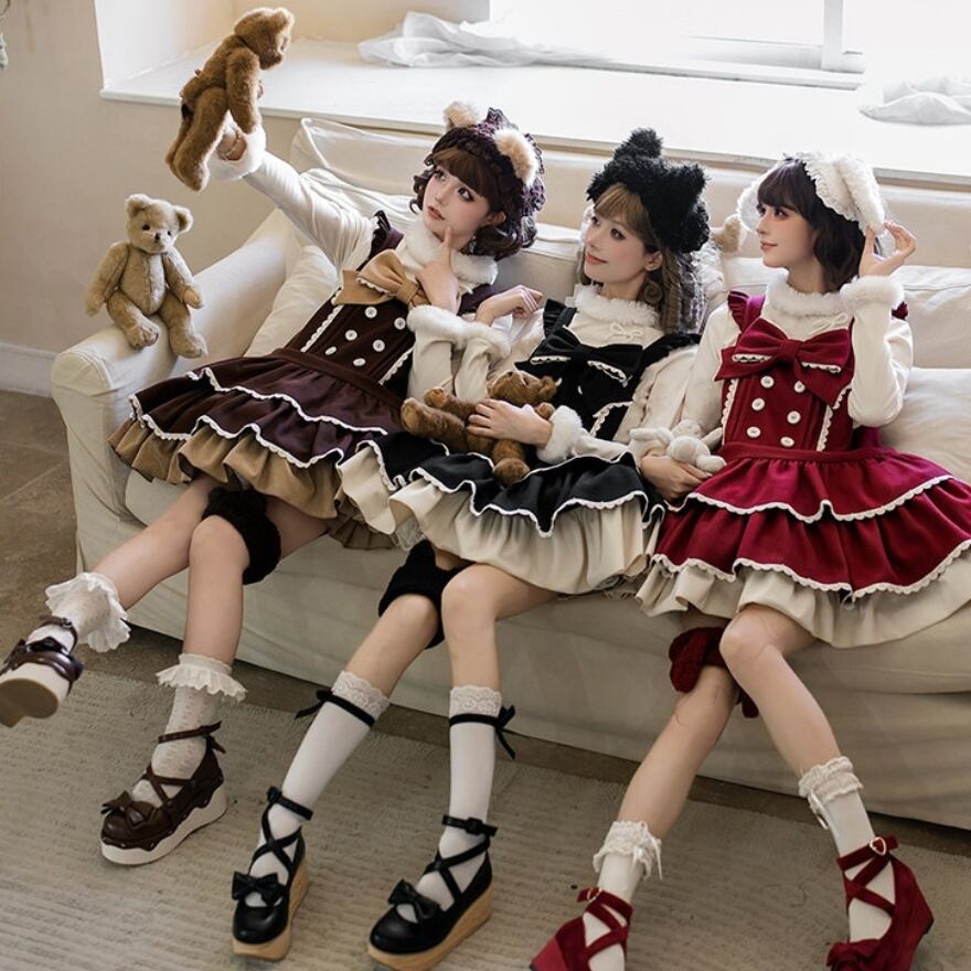 ロリィタ ガーリー夢かわいい くまモチーフ背帯ジャンスカセット