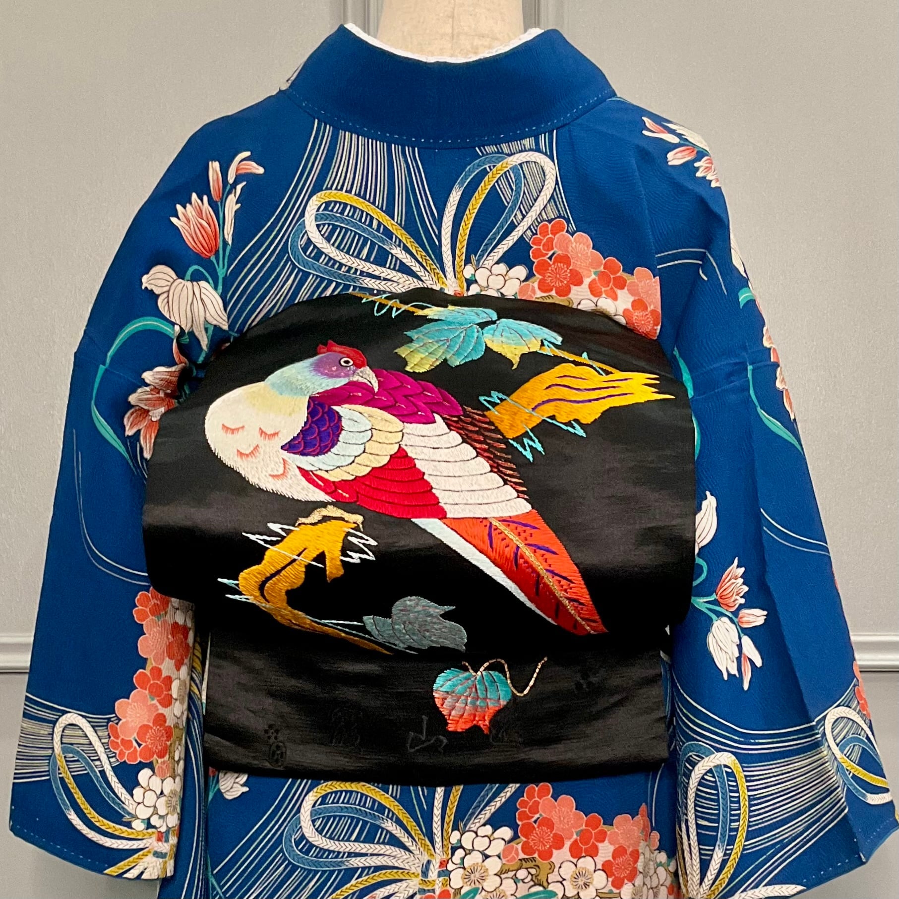 錦雉＊刺繍 鳥 蔓 葉っぱ 葡萄 繻子 花 アンティーク名古屋帯 B260