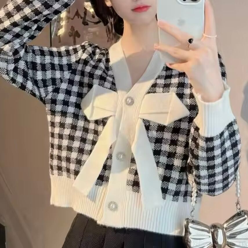 ブロックチェックリボンカーディガン