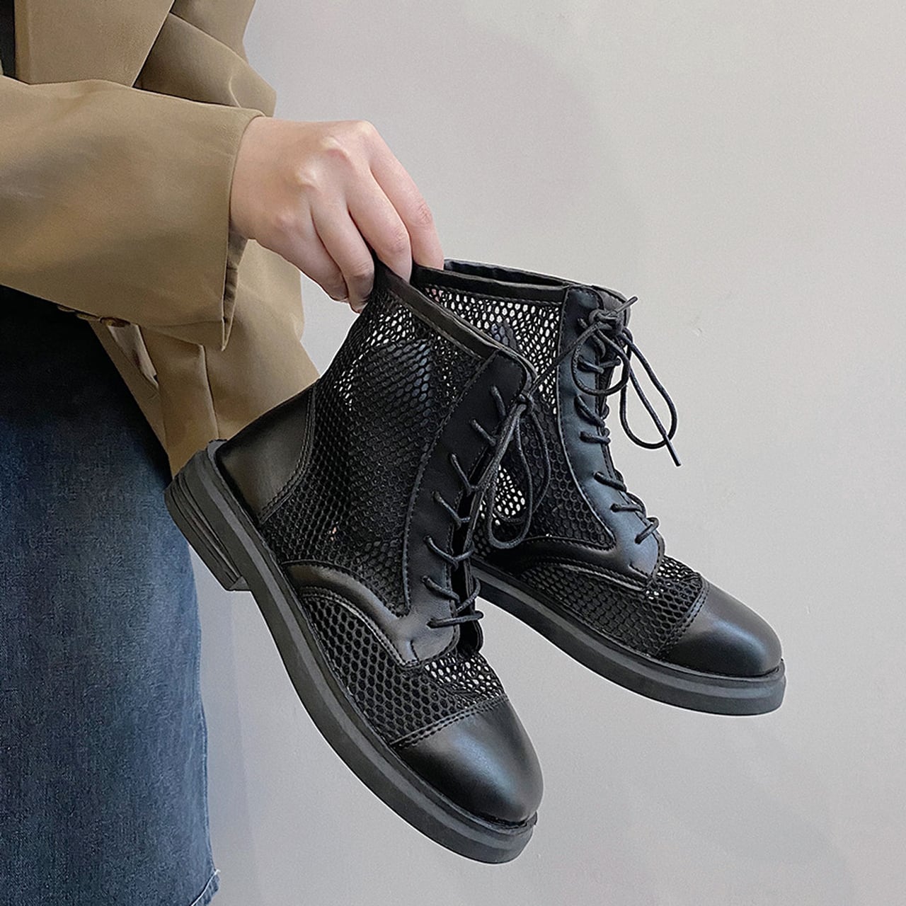 Regit Mesh Mennish Boots Black 韓国 靴 シューズ ブーツ メンズライク ミリタリー メッシュ 夏 カジュアル 10代 代 プチプラ 映える 透け感 ネット通販 Regit