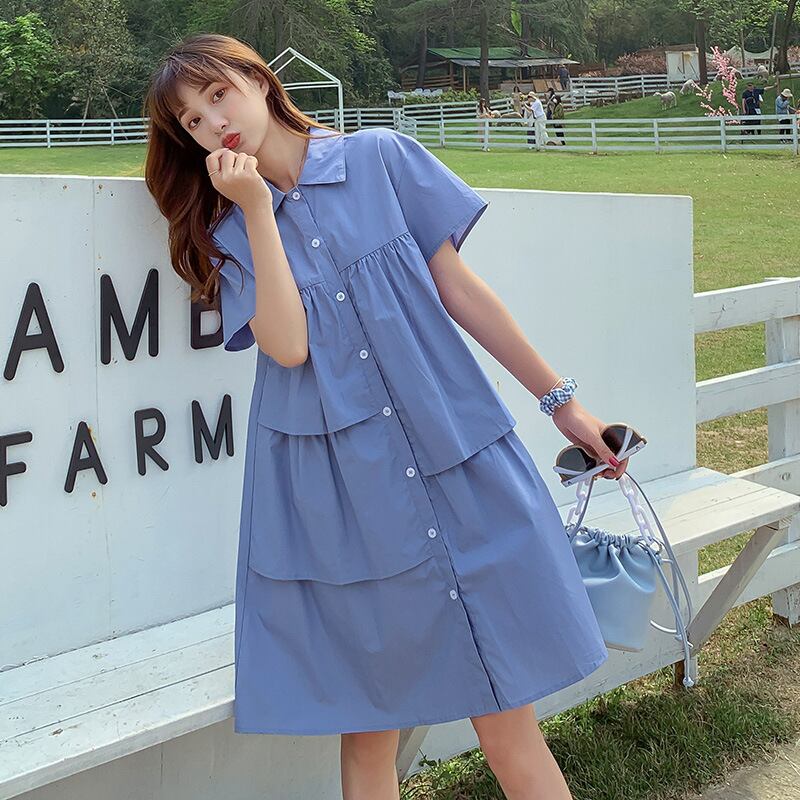 【新作】【送料無料】 マタニティウェア2020夏の新しい綿とリネンのステッチルーズラペルドレスミドル丈マタニティドレス-アリババ コットン サマー 夏物 expec237497772113