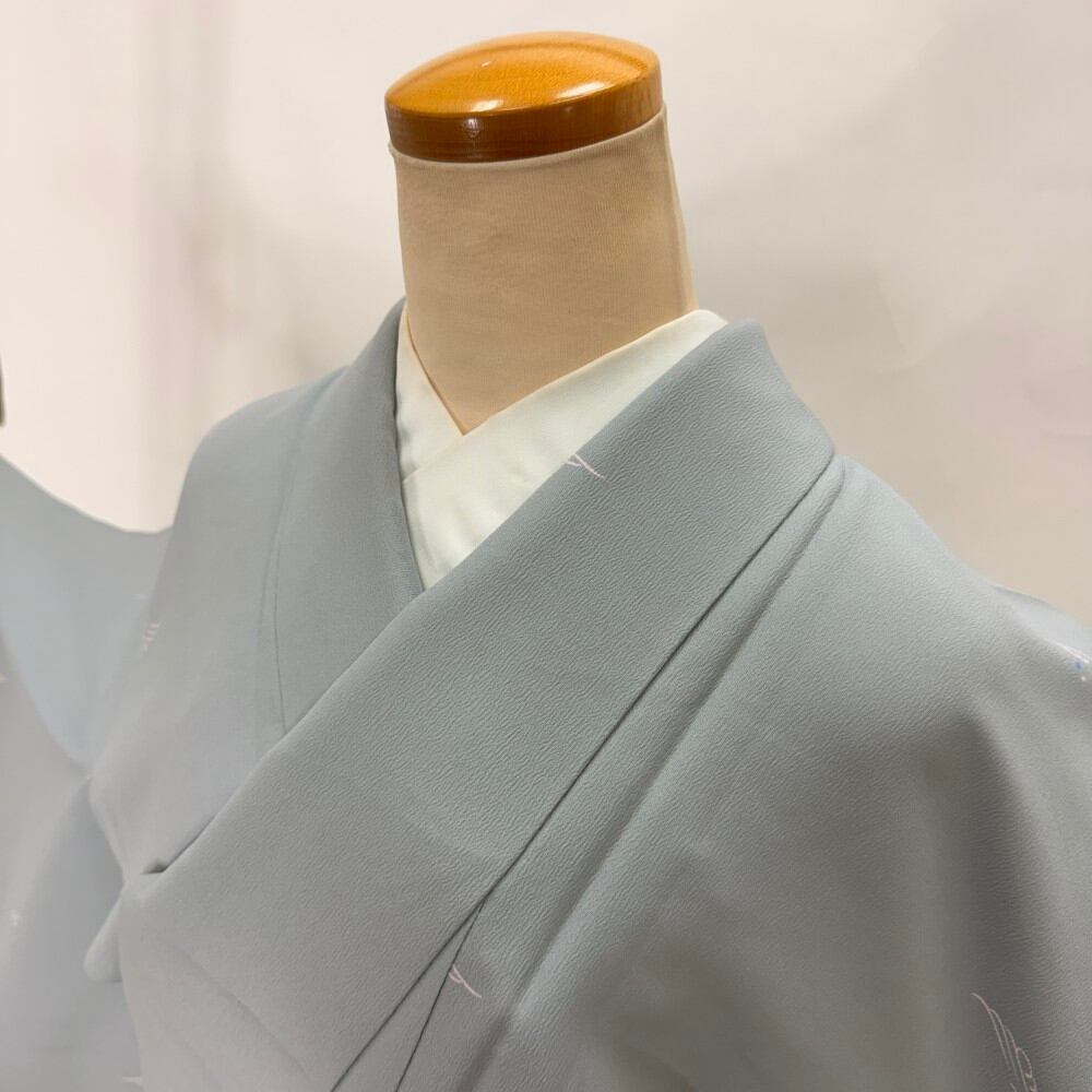 小紋 単衣 洗える着物 裄63.7cm 身丈159.5cm 花柄 お洒落着 普段着 ポリエステル 灰色 美品 S サイズ 6375