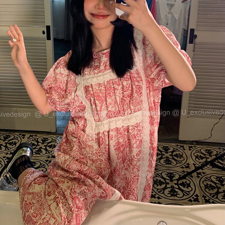 フローラルスカート ドレス サマースタイルルーズ薄手レースラウンドネックスリーブロング 夏物 花柄 Oネック ビッグFスモールZ韓国11779598077