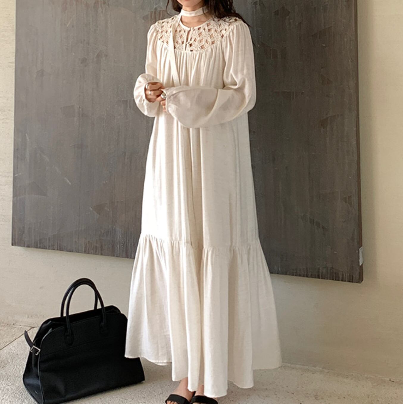 Cotton linen embroidered long dress