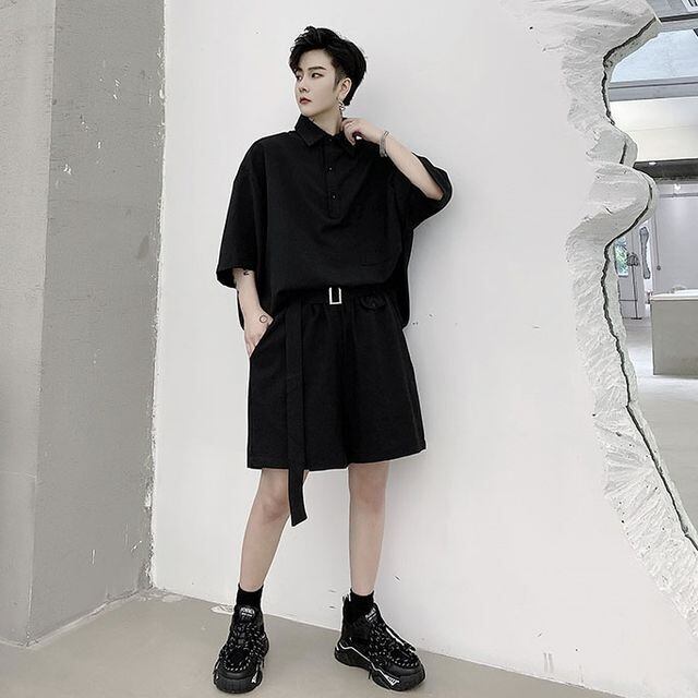 【予約販売】メンズ セットアップ 上下 ハーフパンツ 半袖シャツ ブラック ベージュ カジュアル 春夏 M/L/XL