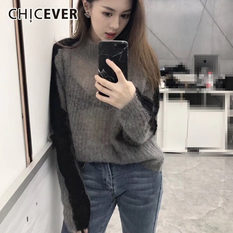 CHICEVERヒットカラーセーターレディースタートルネック長袖パースペクティブパッチワーク編みプルオーバートップス ロング 6base518354245477