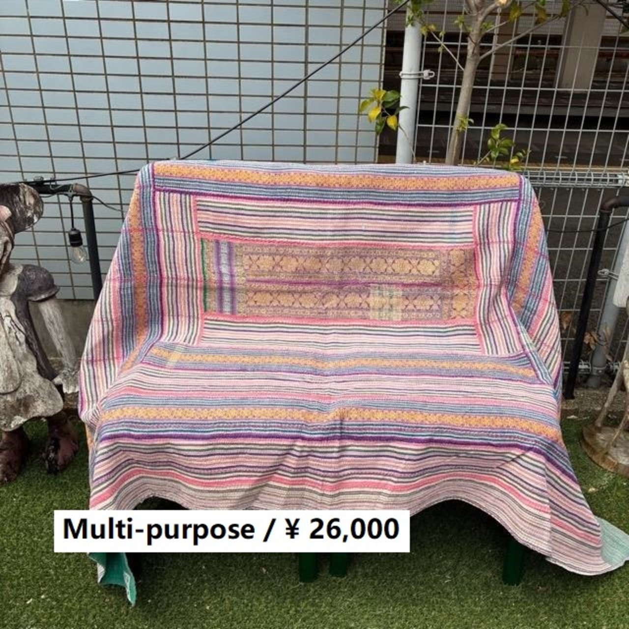インド　ヴィンテージラリーキルト　26000-21　130×190cm　カンタ　ベッドカバー　ソファカバー　マルチカバー　ハンドメイド　１点もの　ブルー　グリーン