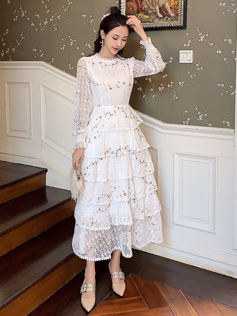 全2色 ティアードロングドレス レース フリル 段々フリル ティアード