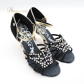 社交ダンス 衣装 ラテン シューズ 23cm ブラック系 Ads 靴 くつ ヒール レディース ラインストーン ストラップ 黒 金 キラキラ 上品 練習 レッスン イベント ステージ かわいい ダンス衣装 ゴールド系