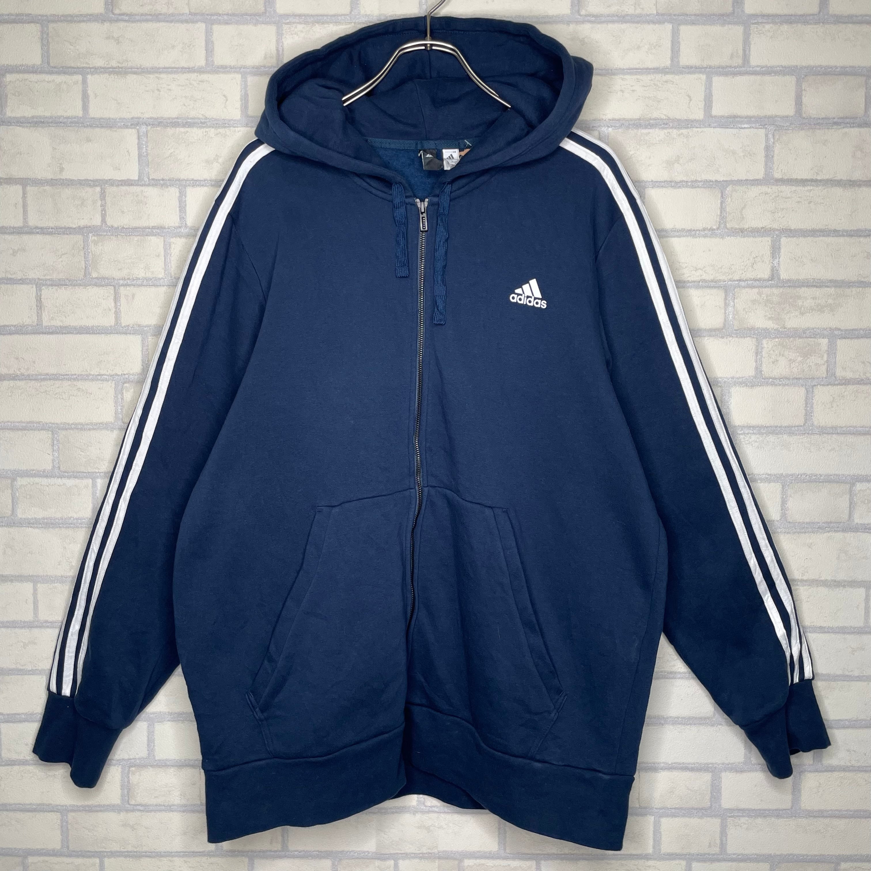 adidas フルジップパーカー XL ネイビー 袖ライン入り 刺繍入り フード 