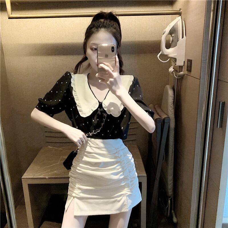 フレンチヘップバーンスタイルバッグヒップスカートツーピーススーツレディース2020夏ライトマチュアウィンドオールマッチ水玉半袖シャツ 1号婦人59824944106