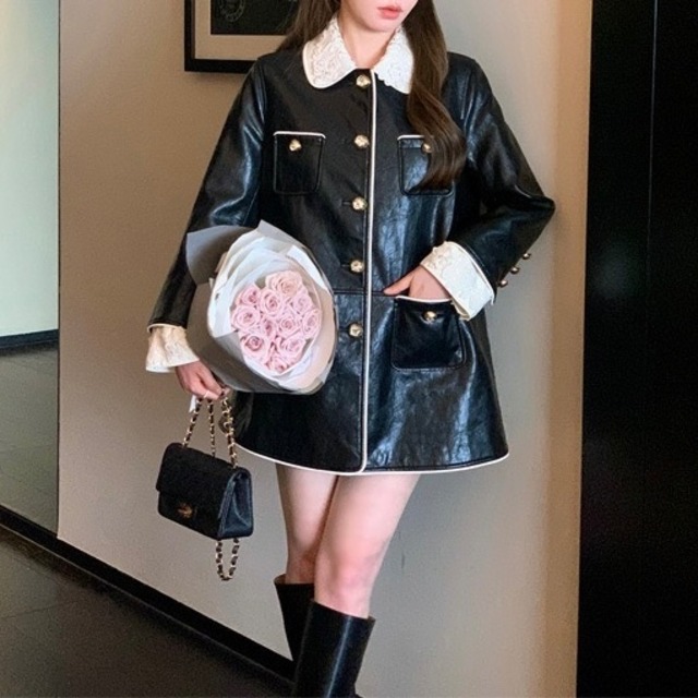 【受注】レースカラーレザーコート