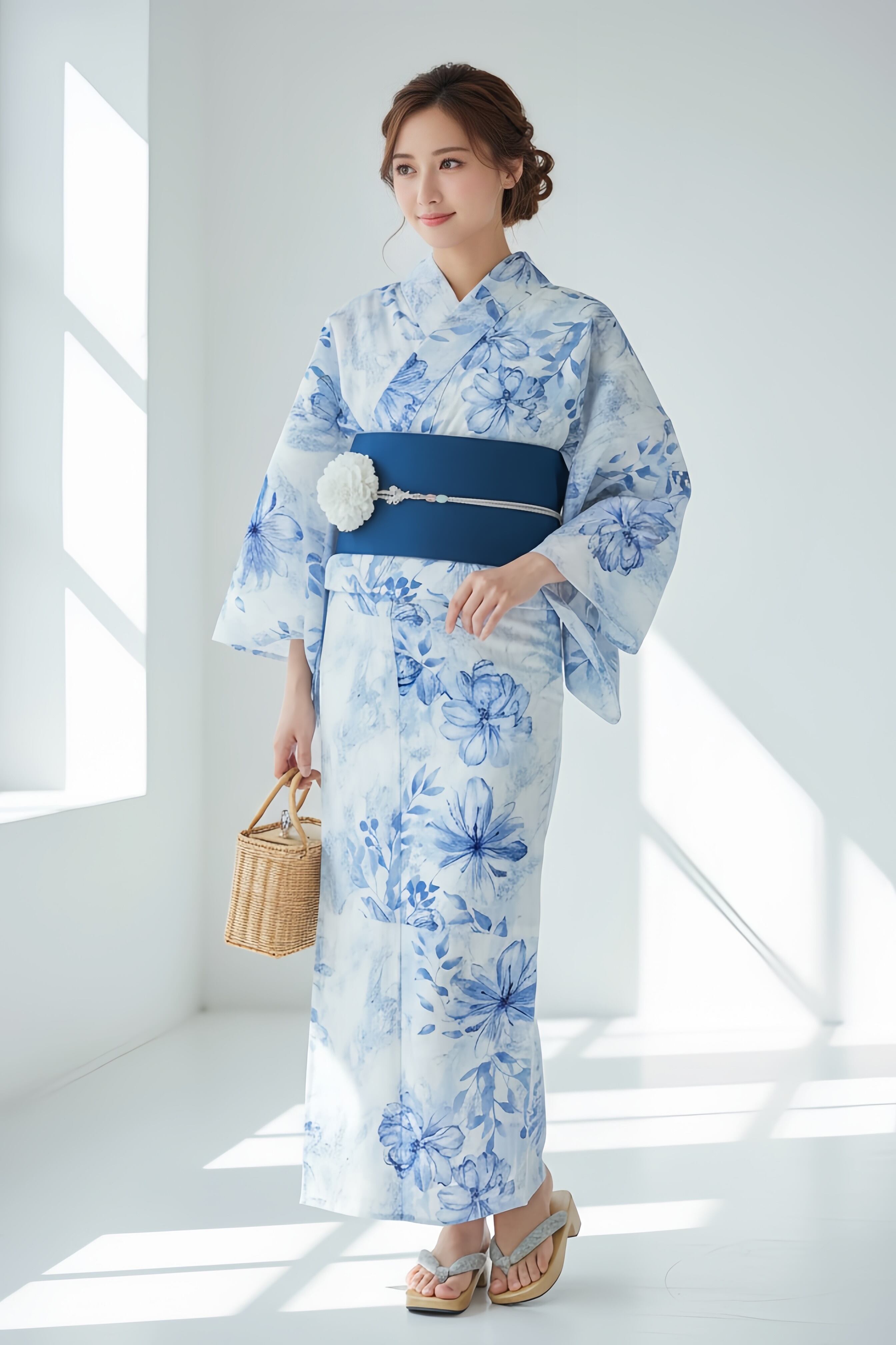 浴衣ジェンヌ 浴衣5点セット 白地 青 花柄 水彩画調 ポリエステル ゆかた 半幅帯 浴衣