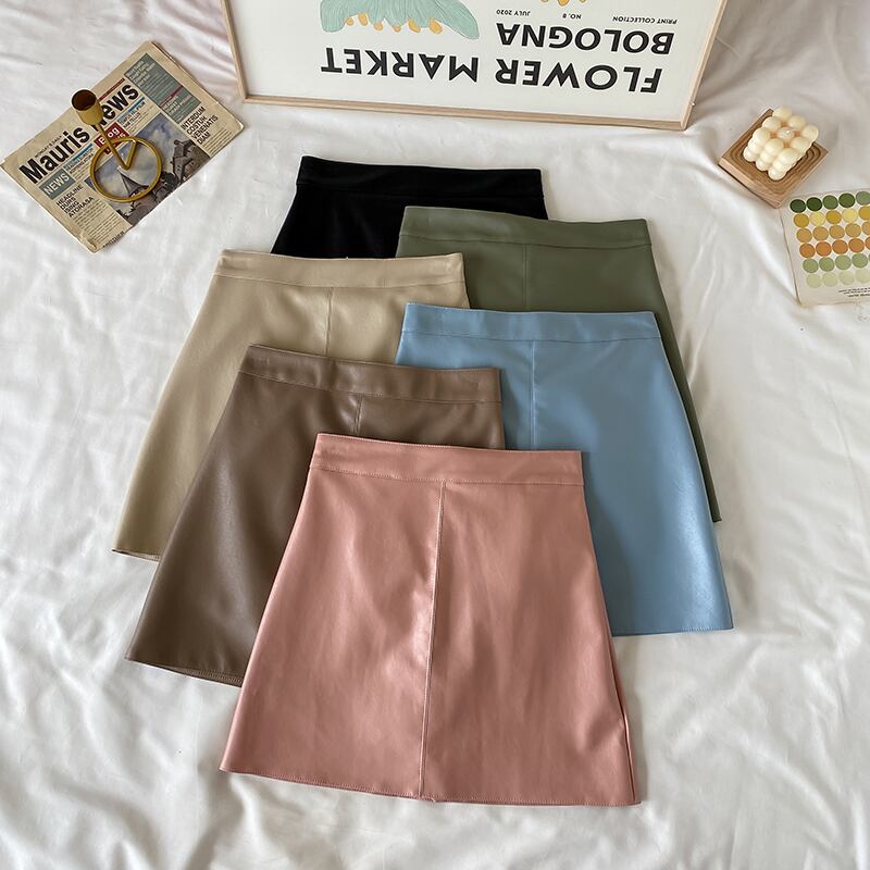 Aラインスカート レザーハイウェストウェストオータムショート薄手ウィンター 秋物 冬物 萌量不足85129097829
