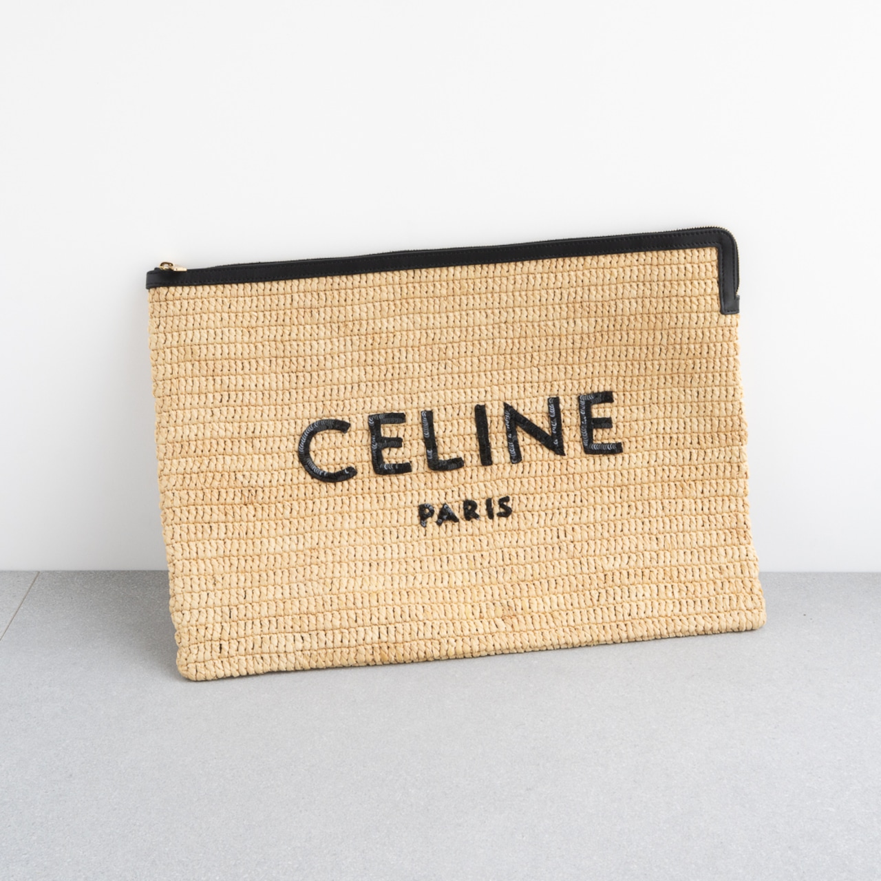 セリーヌ ラフィア クラッチバッグ ブラック スパンコール レザー