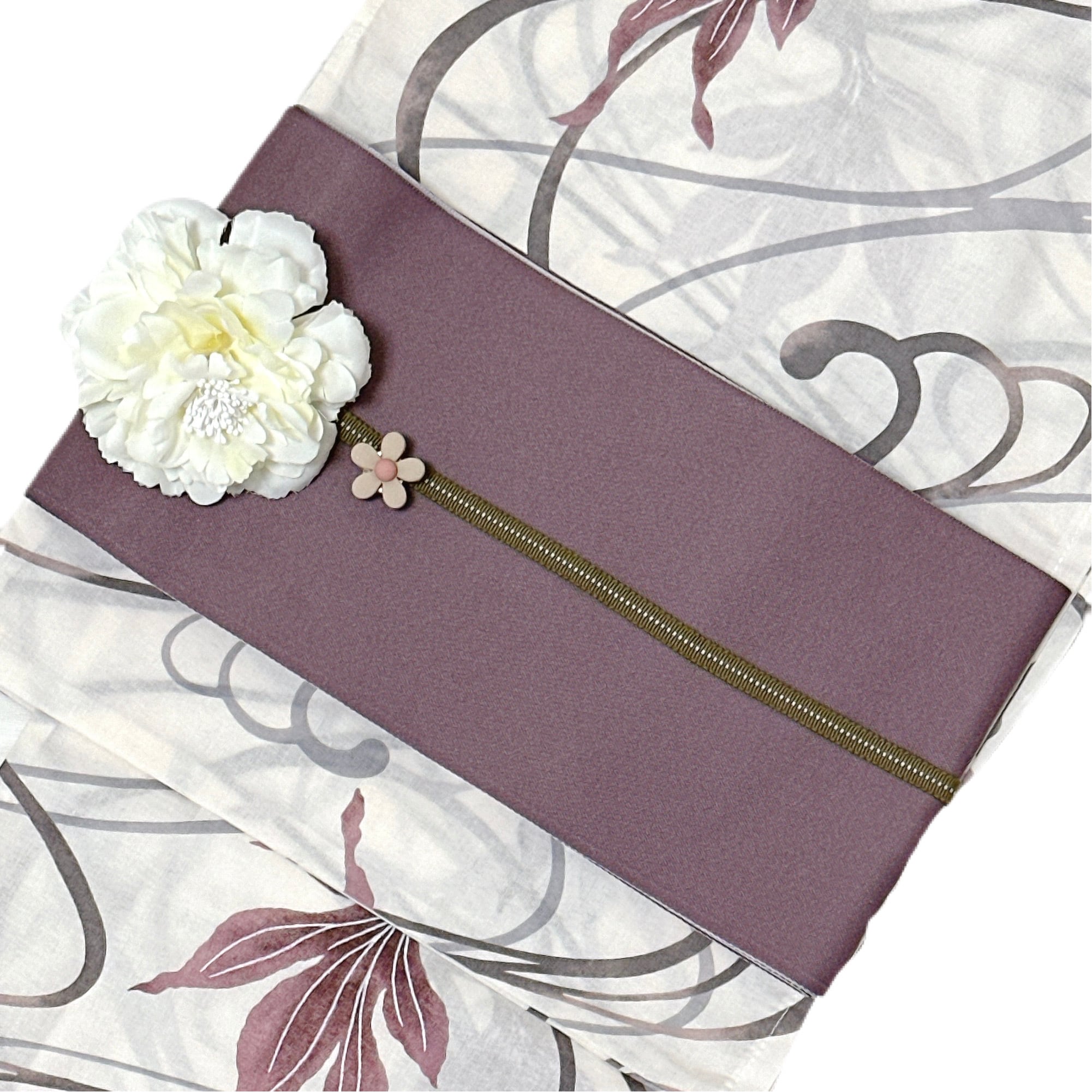 新作 浴衣ジェンヌ 浴衣5点セット アイボリー パープル 半幅帯