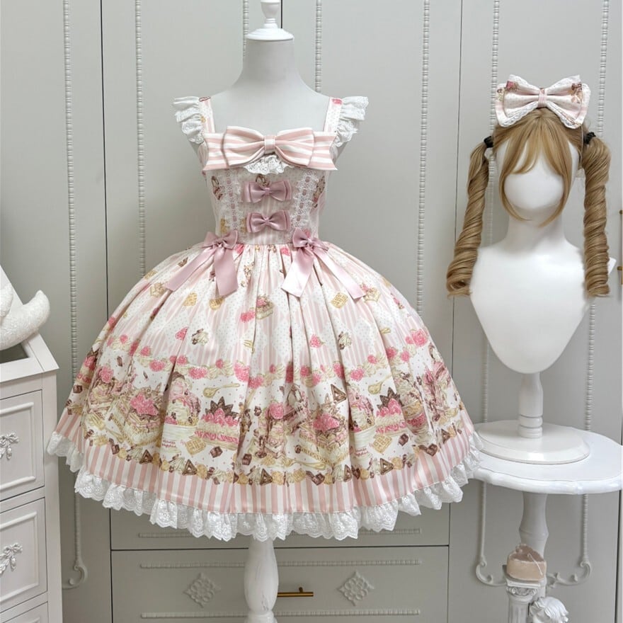 甘ロリ ジャンパースカート クマ柄リボン レースフリル お茶会 撮影会|WithU