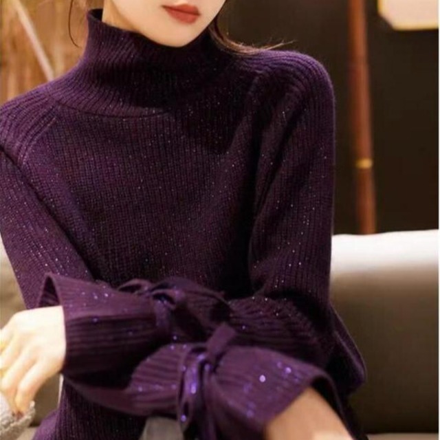 袖リボン タートルネック ニット　H10136