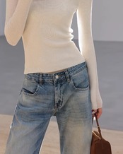 Patch Pocket Wide Leg Full Length Denim Pants     L0042