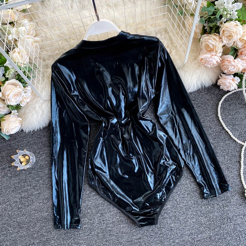 送料無料 PUレザーボディスーツセクシークラブウェアプレイスーツ長袖