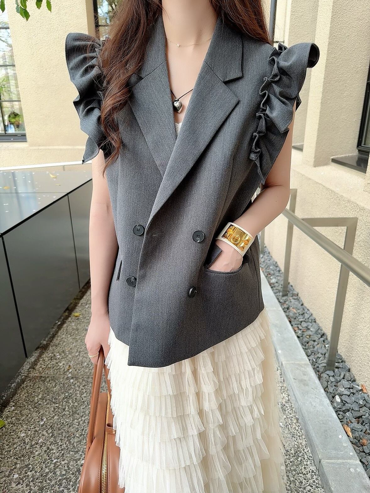 Frill tailored vest / gray（即納商品） | moripon