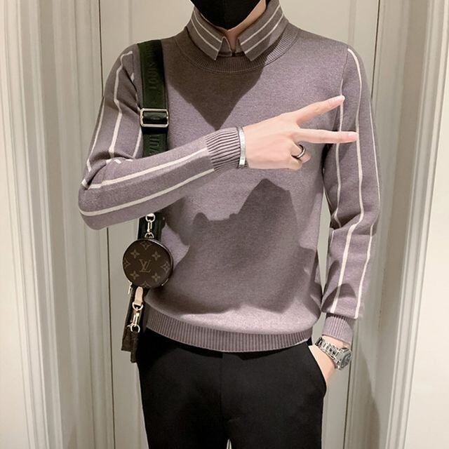 90s Eddie Bauer 黒タグ ストライプニットセーター グレー XL 古着通販