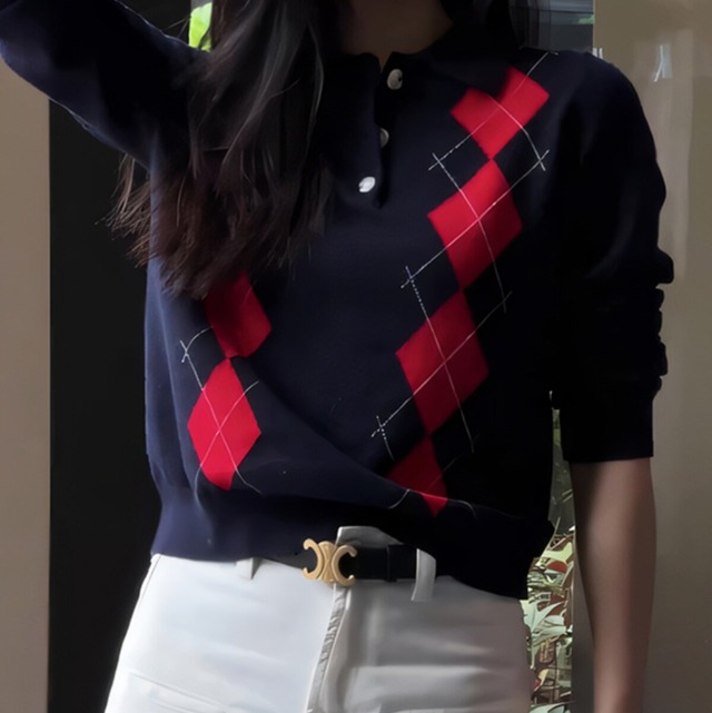 argyle polo knit sweater<t3037>