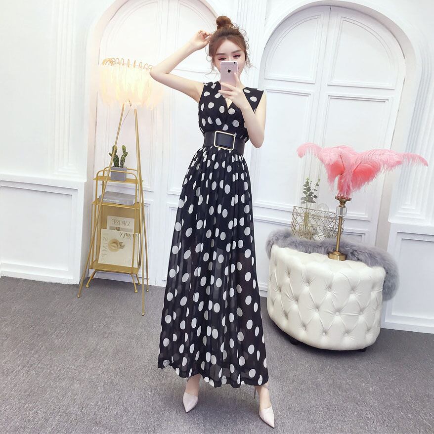 水玉シフォンドレス オータムサマースリムスカート 夏物 秋物 ハンチェンe94196892682