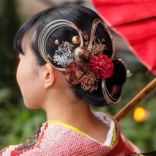 A148 赤黒　クリア椿　水引アレンジ　ドライフラワー　髪飾り　成人式　卒業式　振袖　結婚式　袴