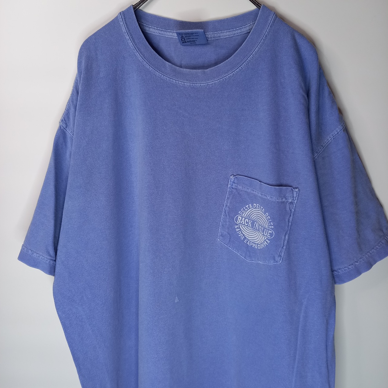 クルーネック　ポケット　Tシャツ　半袖　背面プリント　くすみブルー　L