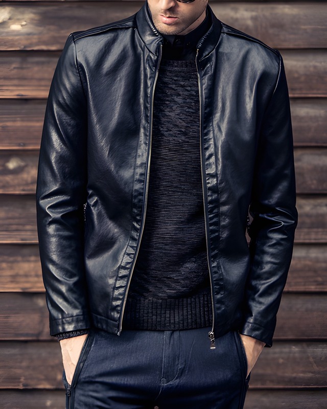 ジップアップ シングルライダースフェイクレザージャケット　E0096