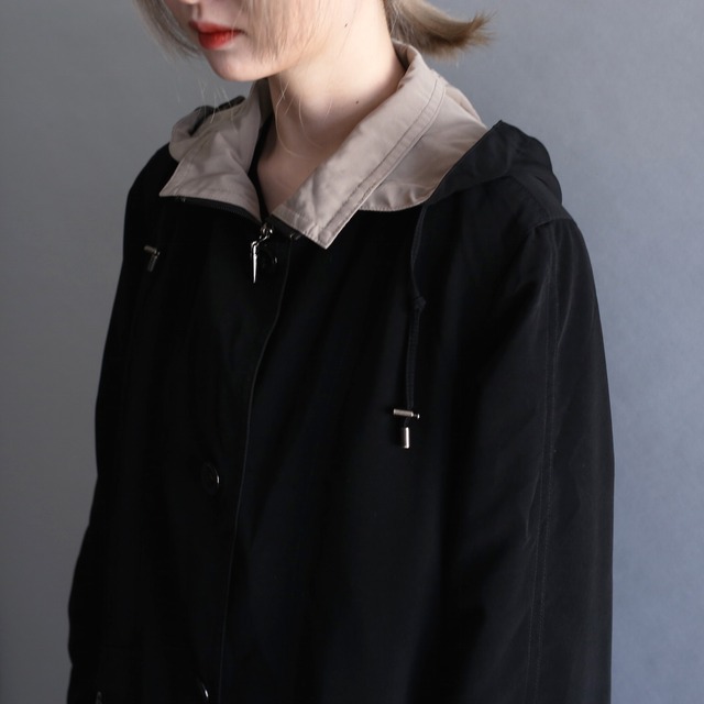 zip-up and button high-neck coat with hoodie and liner