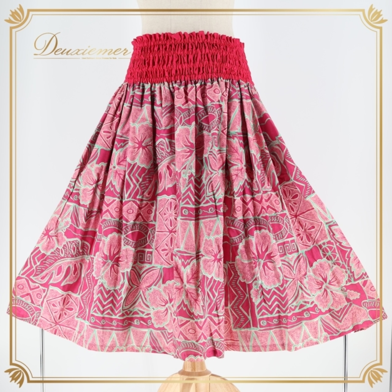 フラダンス 衣装 パウスカート ピンク系 シングル ワントーン ハイビスカス柄 かわいい 華やか 鮮やか 明るい 緑 ハワイアン アロハ ハワイアンプリント フラ ダンス レッスン 練習 かわいいデザイン おしゃれ ファッション ダンスウエア レディース