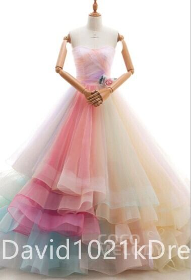 ウェディングドレスカラードレス レインボースカート ベアトップ 上質オーガンジー 3Dバラの花 結
