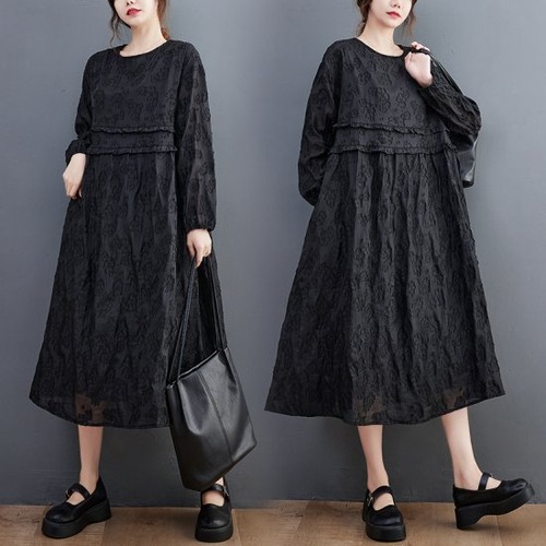 長袖ワンピース レディース ワンピース 花柄 フラワー カジュアル お出掛け ブラック 黒 ラウンドネック ゆったり 体型カバー シック レトロ フリル ミディ丈 長袖ワンピース レディース