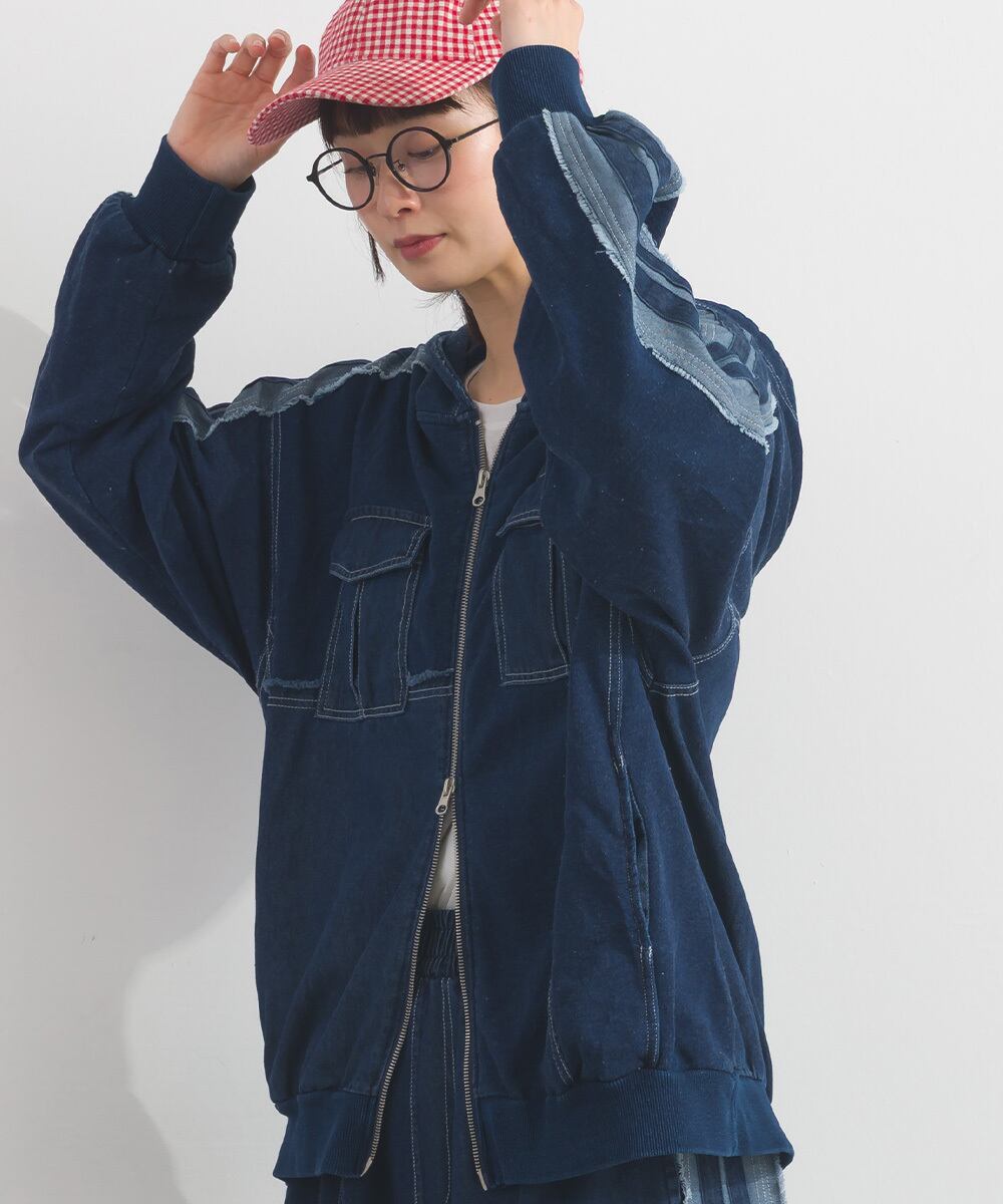 K261012 デニム切り替えZIPパーカー / Denim-Look Panel Zip Hoodie