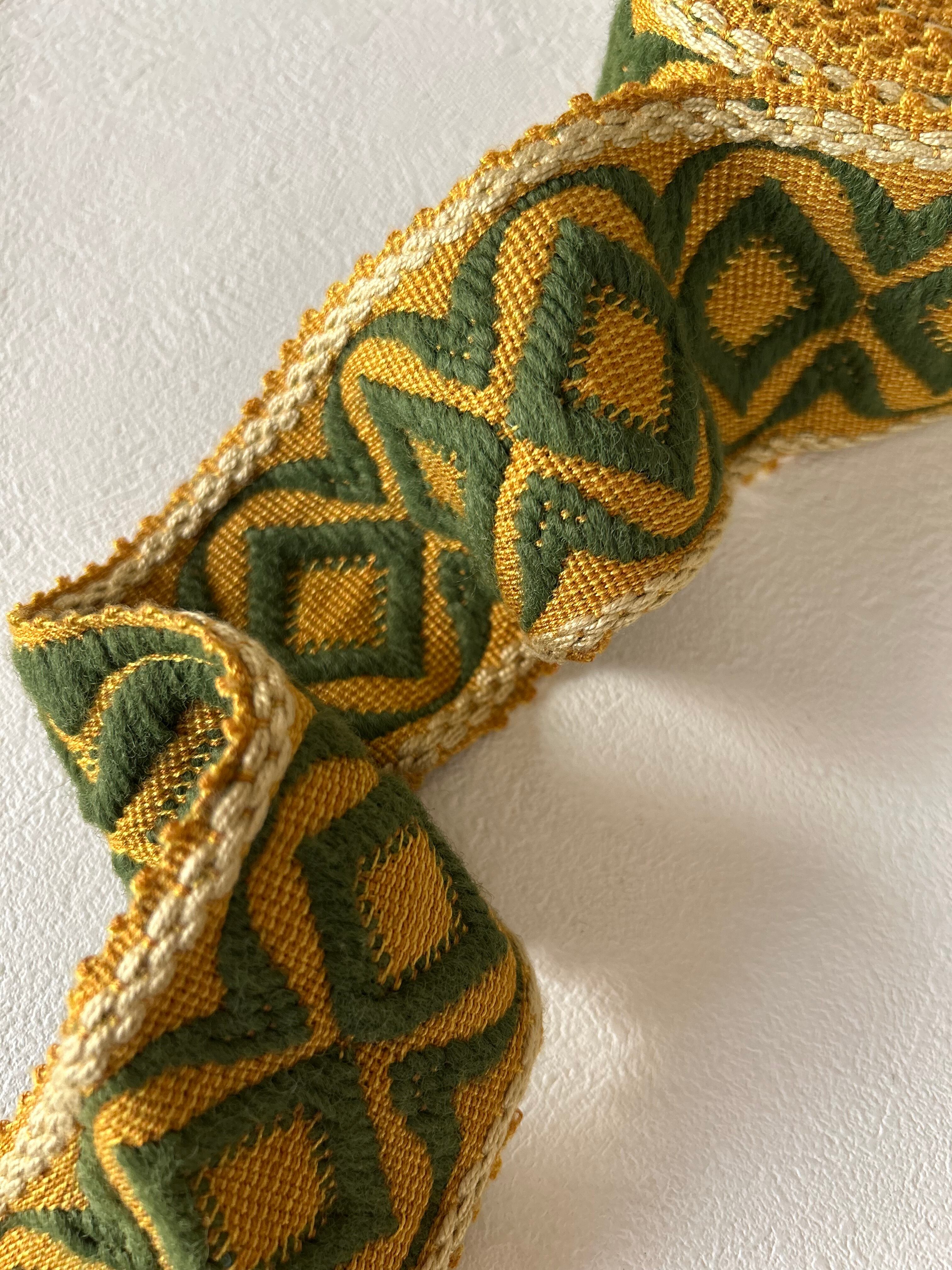 フランスVintage ブレード ピンク 67mm 刺繍リボン カーキ×マスタードイエロー 織模様 ジャガード カルトナージュ スツール デコレーション材 ヴィンテージブレード
