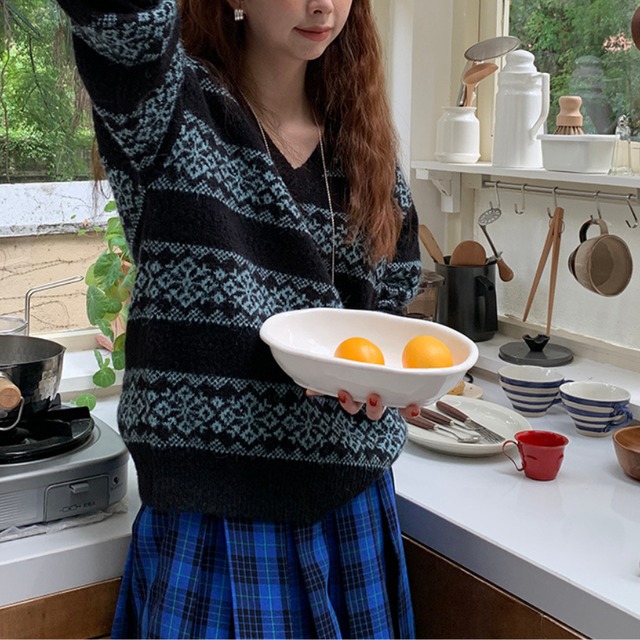 v-neck all-over pattern knit pullover　J00293