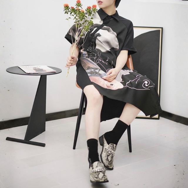 Asymmetric fish graphic shirt one-piece C1603