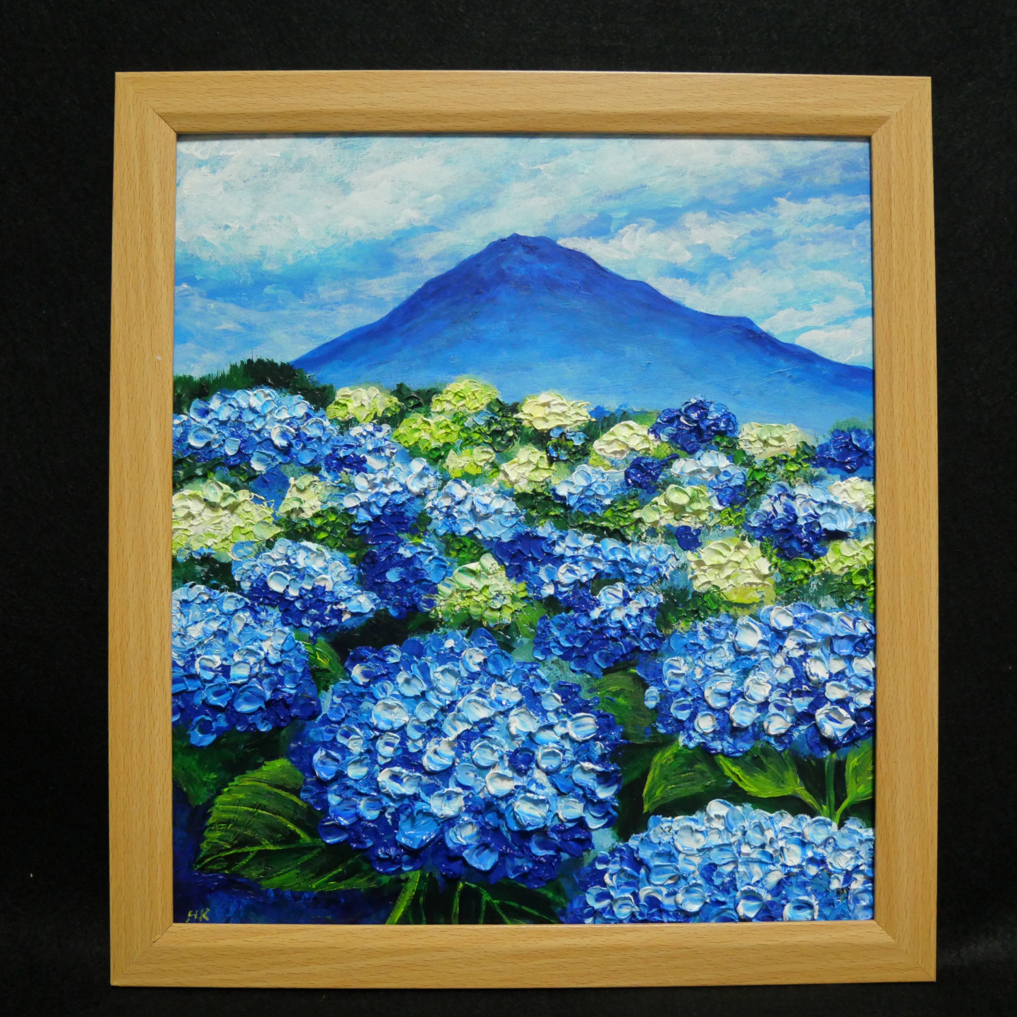 油絵 絵画【青の情景 〜富士と紫陽花の咲く丘〜】油彩画 風景画