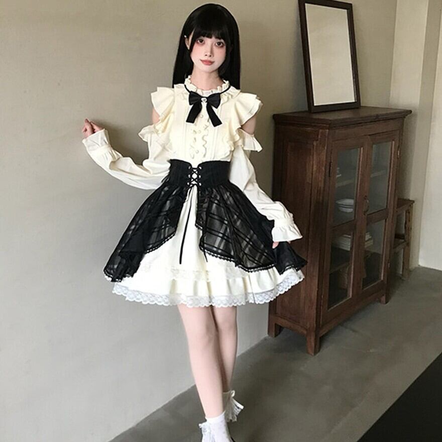 ロリータファッション クラロリ黒シアーチェック編み上げスカート