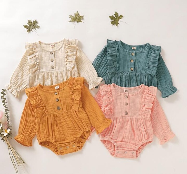 【即納】やわらかフリルボタンロンパース