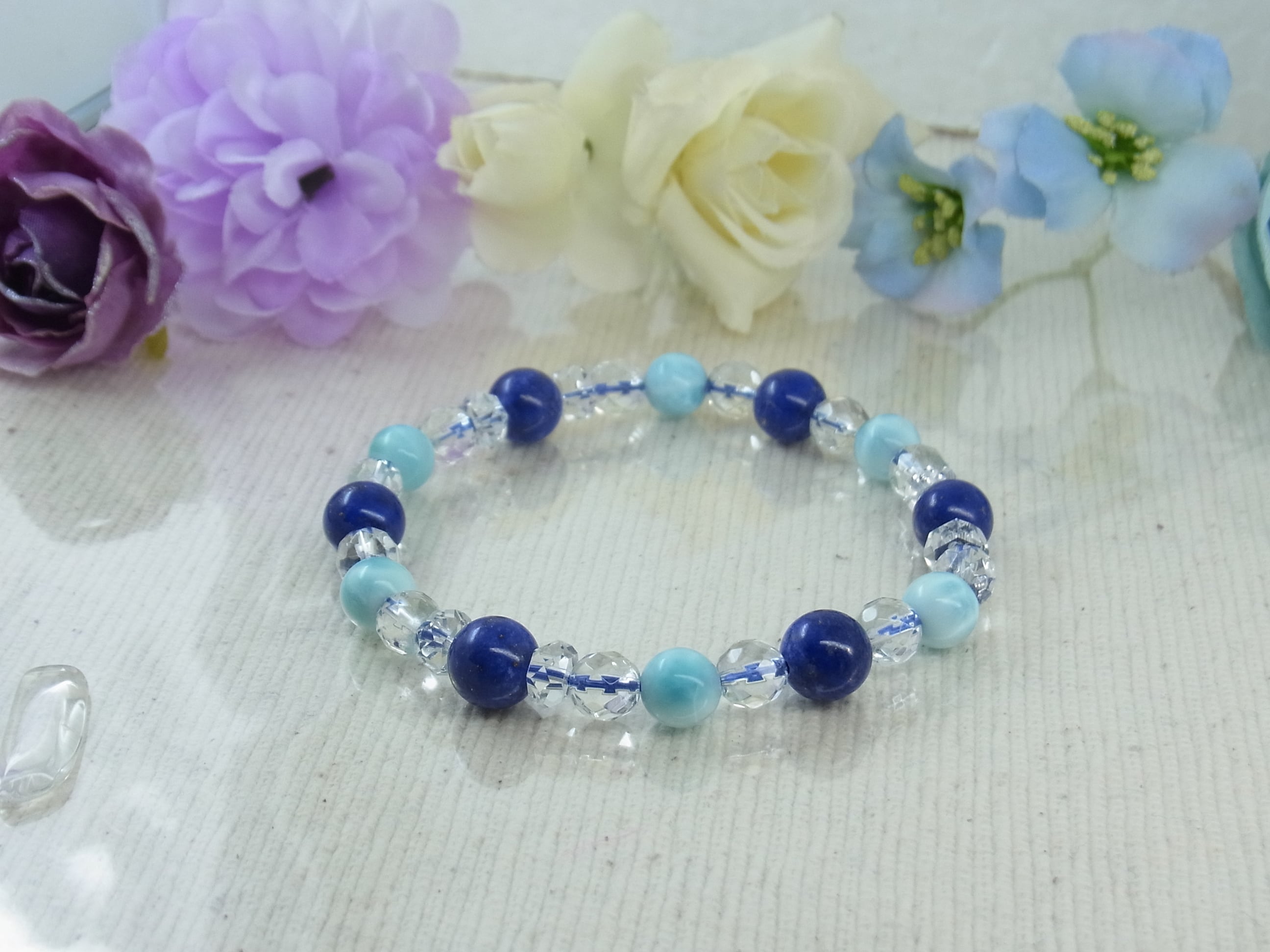 ラリマー 大玉18.3mm＆六芒星・ハート水晶キラキラ✧*。天然石ブレスレット ☆ラリマー/ラピスラズリ☆六芒星☆幸運ブレスレット☆天然水晶